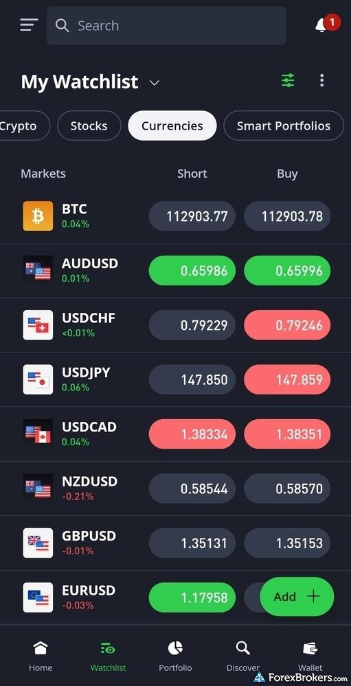 Watchlist on the eToro app.