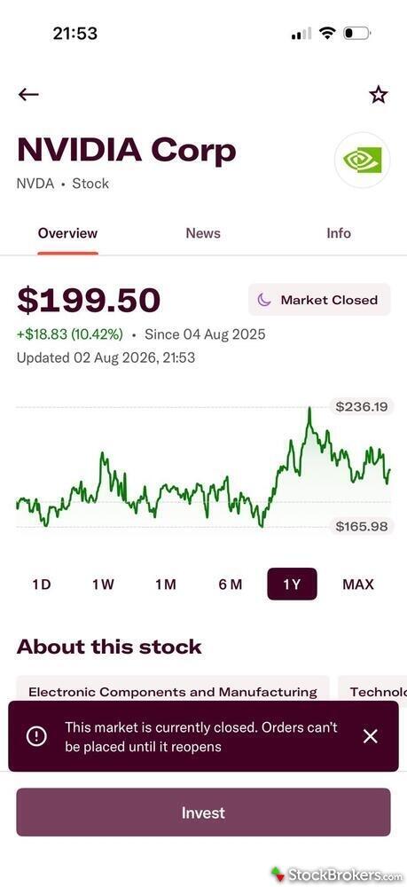 The quote page for NVDA in the IG Invest app.