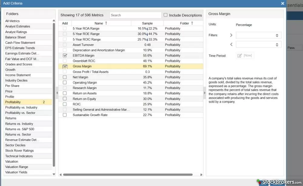 Stock Rover Essentials plan insight metrics