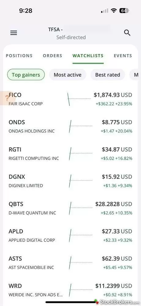 Questrade watchlist mobile