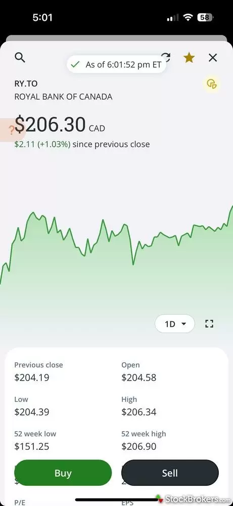 Questrade mobile stock view