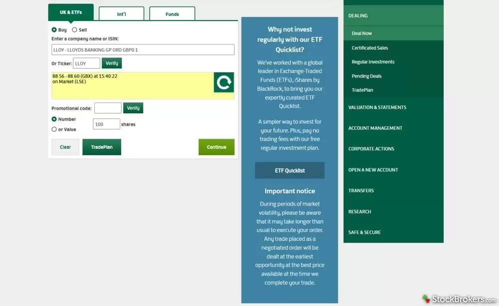 Lloyds Bank Share Dealing website