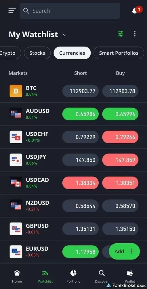 Watchlist on the eToro app. Watchlist on the eToro app.