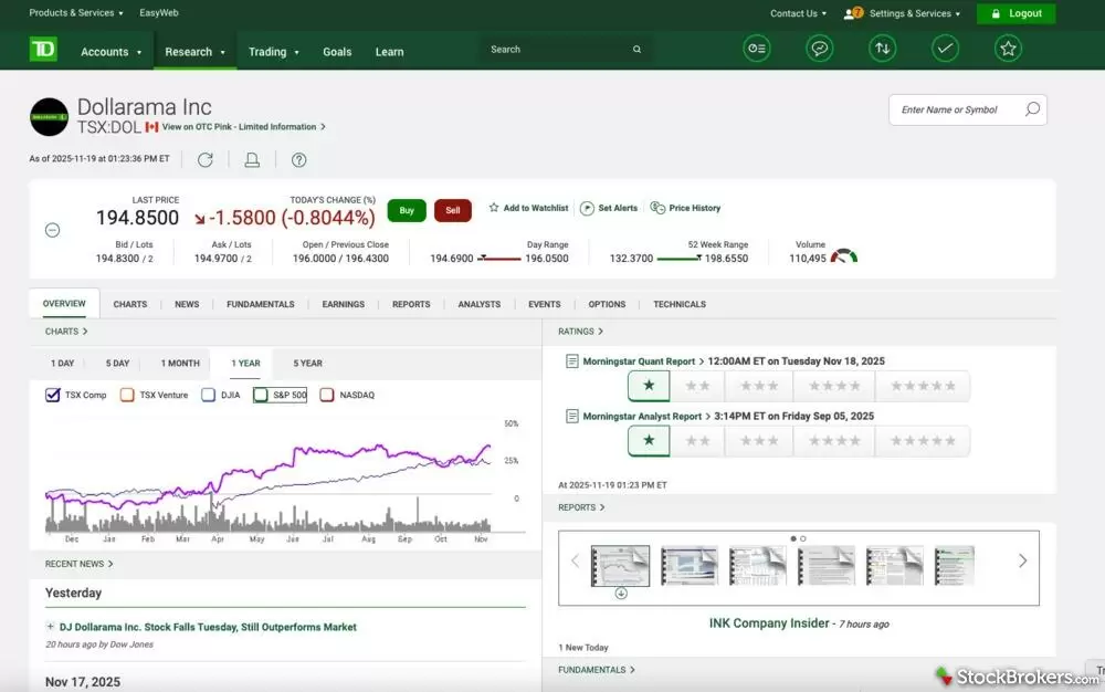 TD Direct Investing stock view