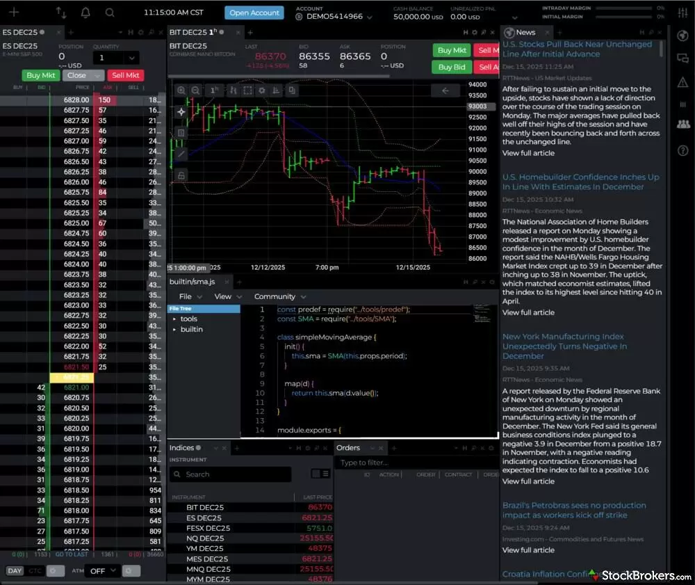 Layout of the NinjaTrader web platform.