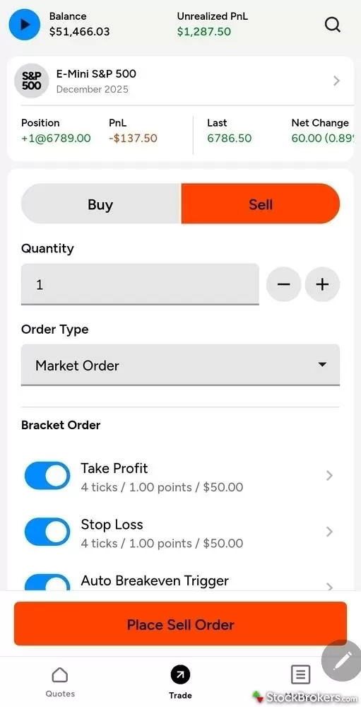 The trade order ticket on the NinjaTrader mobile app.