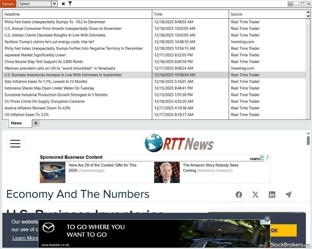 News headlines on the NinjaTrader 8 desktop platform.
