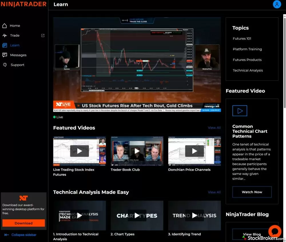The dashboard for educational videos on the NinjaTrader website.