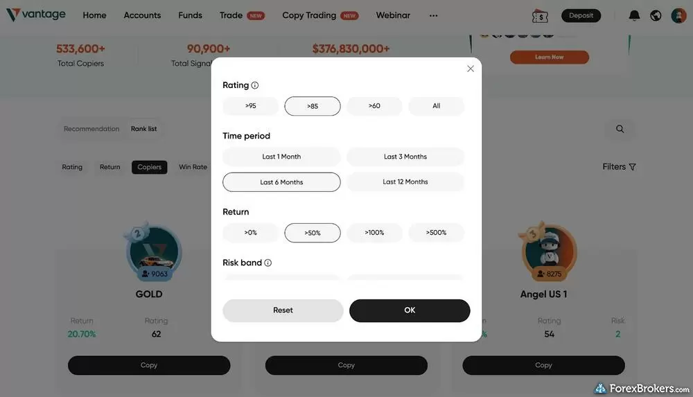 Vantage search filters for copy traders