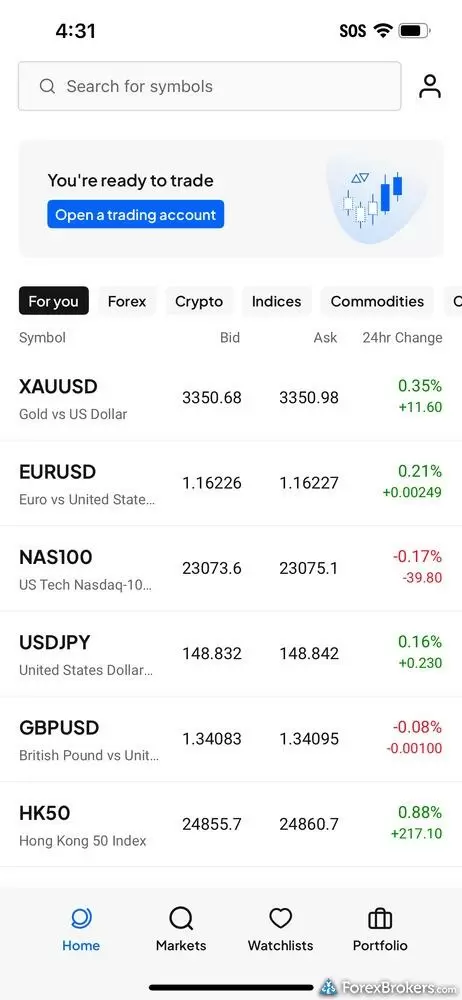 A watchlist on the Pepperstone mobile app via the iPhone.