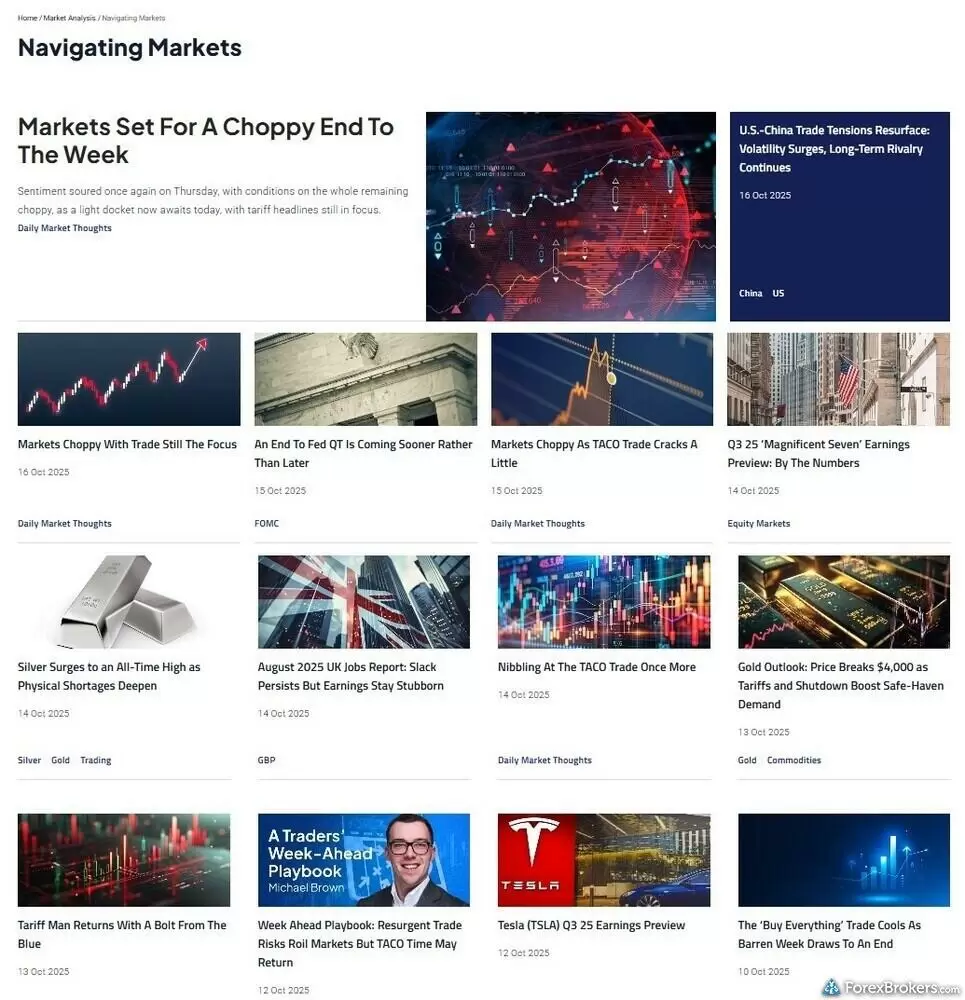 A screenshot of Pepperstone’s "Navigating Markets" blog of research articles.