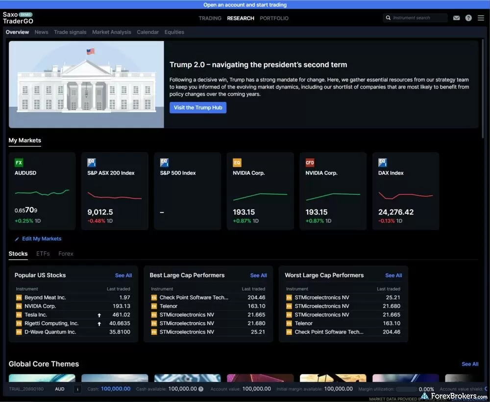 A screenshot of the research experience on the SaxoTraderGO web platform.