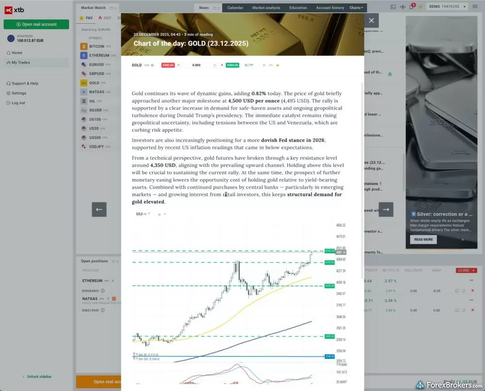 Integrated trading in news articles on the XTB web platform.