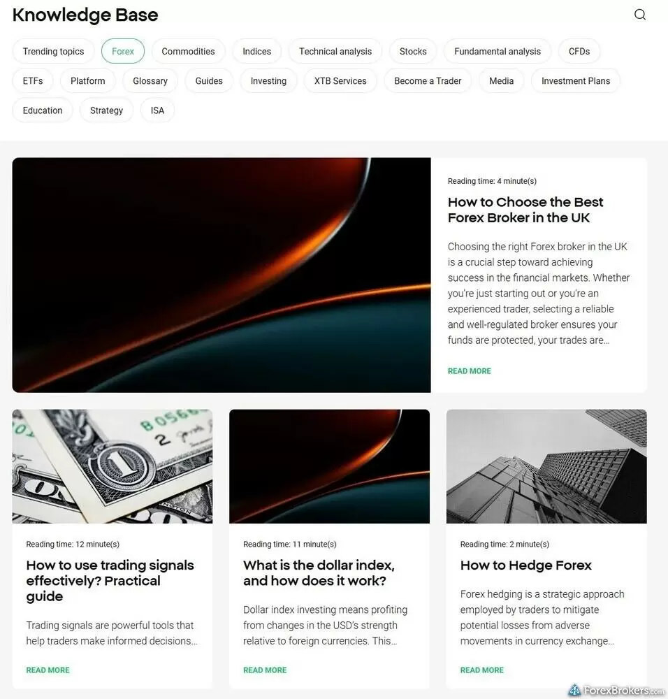 A screenshot of the Knowledge Base on the XTB website.