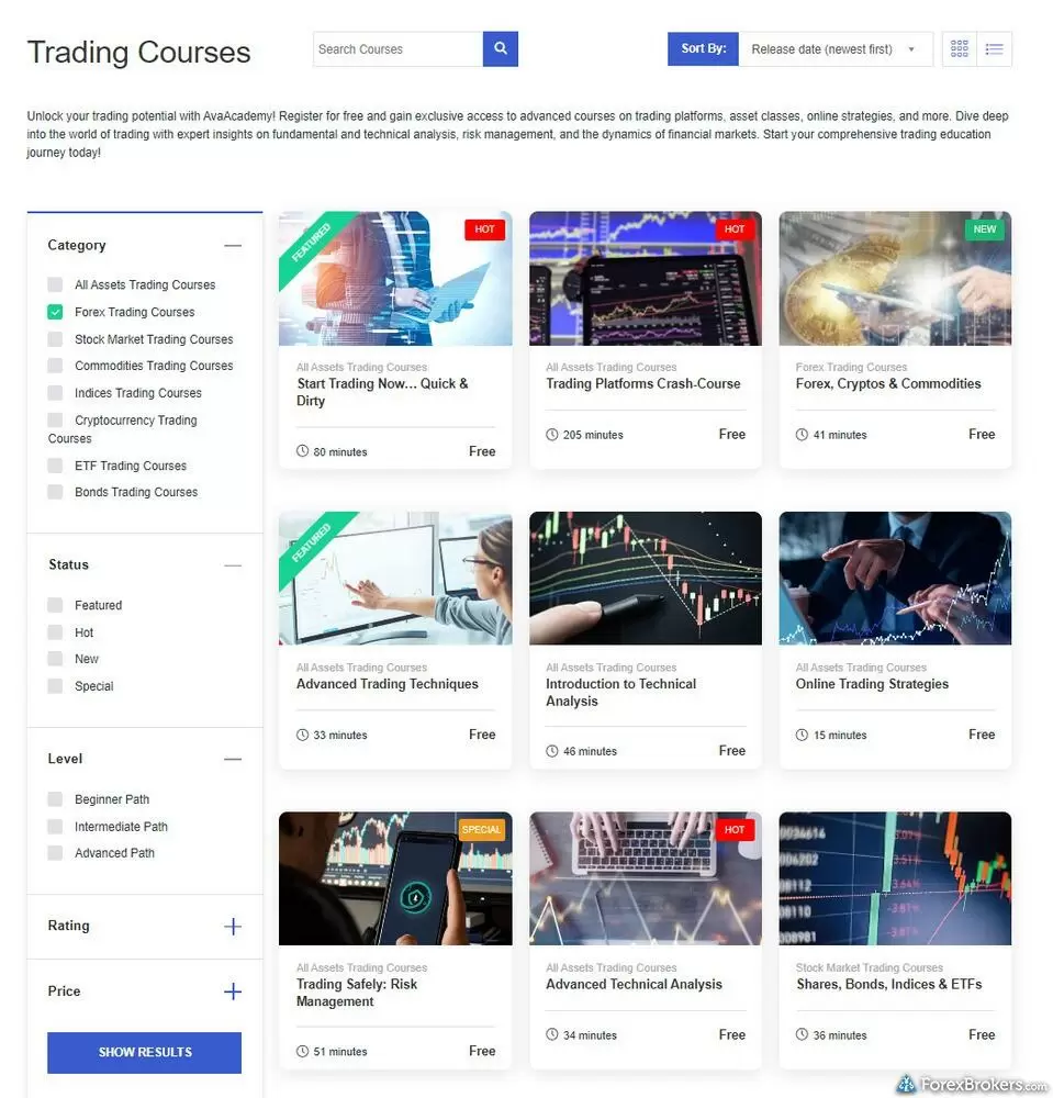 The AvaTrade Trading Courses landing page. The AvaTrade Trading Courses landing page.