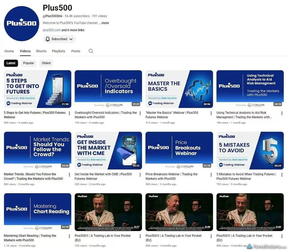 Screenshot of the available educational webinars and trading videos on the Plus500 Youtube channel.