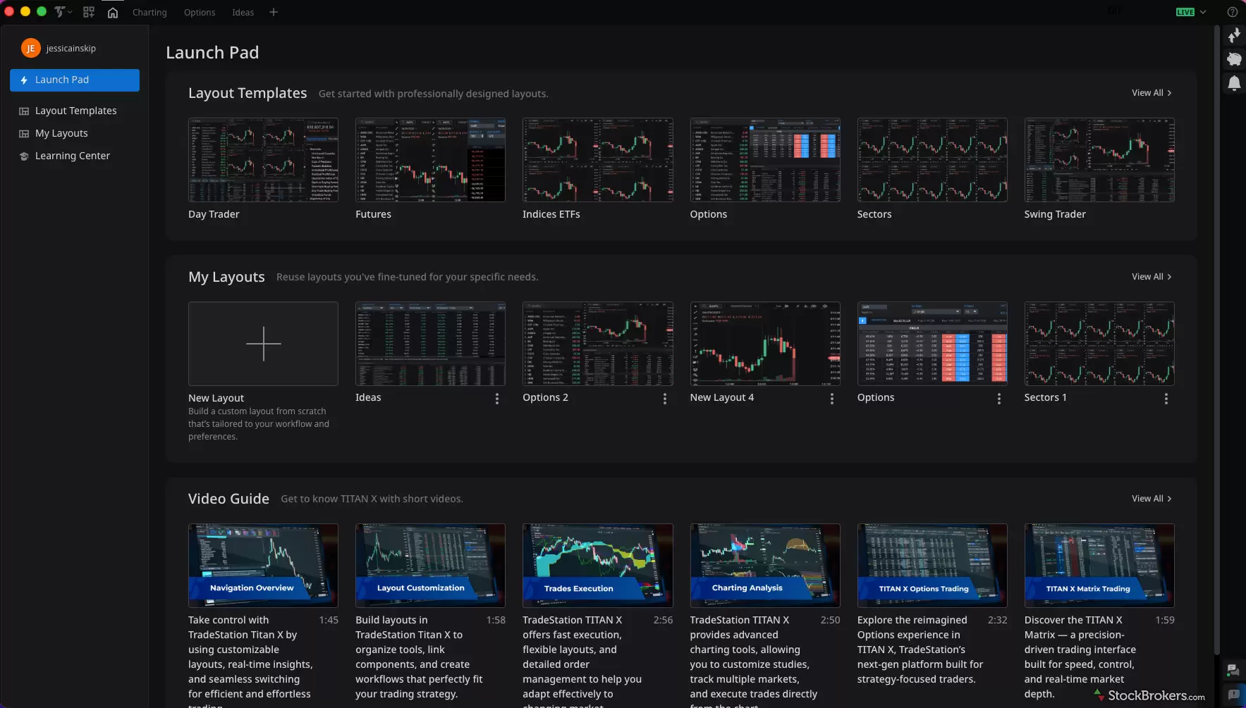 TradeStation TITAN X Launch Pad showing prebuilt layout templates by trader type, saved layouts, and a short-video guide.