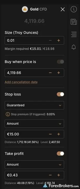 A screenshot showing the premium charged when applying a Guaranteed Stop Loss Order on the Capital.com platform.