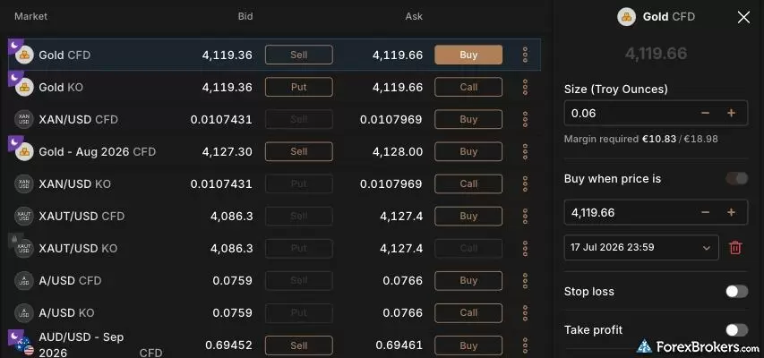 An order ticket on the Capital.com platform showing the bid/ask prices directly on an asset list.