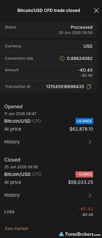 A trade confirmation on Capital.com showing the foreign exchange conversion rate applied to a trade.