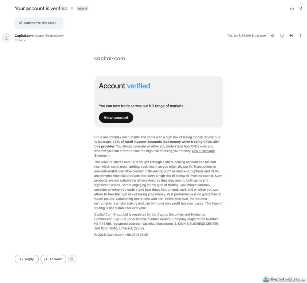 Screenshot of a Capital.com verification e-mail. Screenshot of a Capital.com verification e-mail.