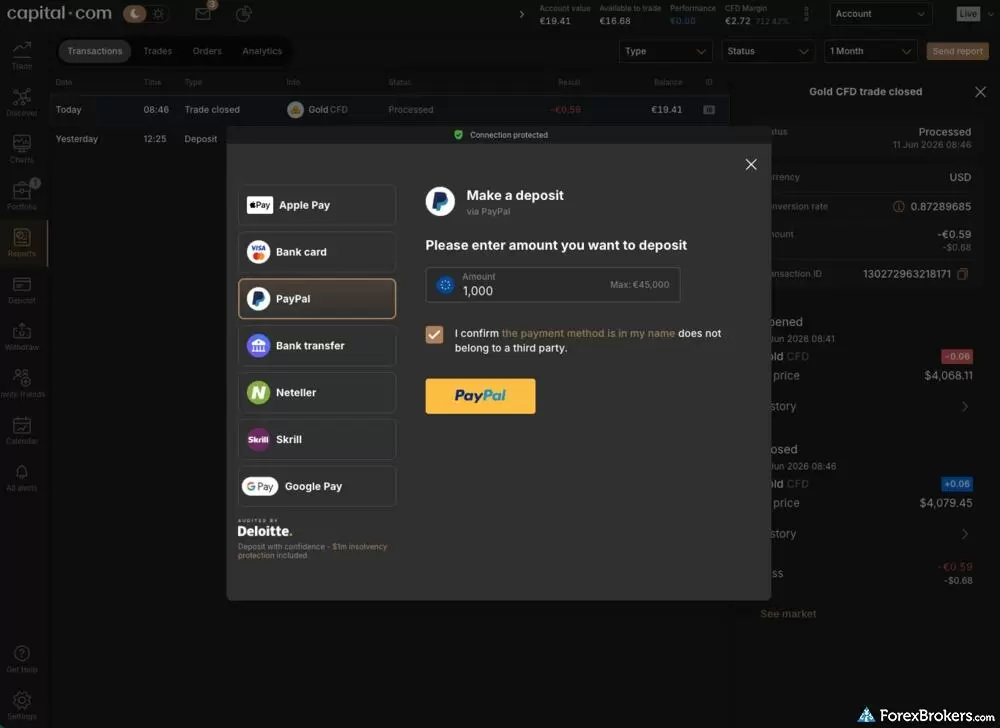 A screenshot of the various methods of making a deposit at Capital.com. A screenshot of the various methods of making a deposit at Capital.com.