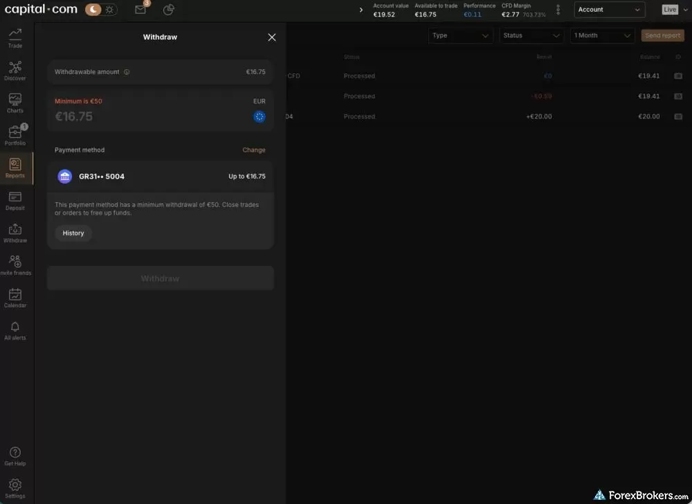 A screenshot of Capital.com withdrawal options. A screenshot of Capital.com withdrawal options.