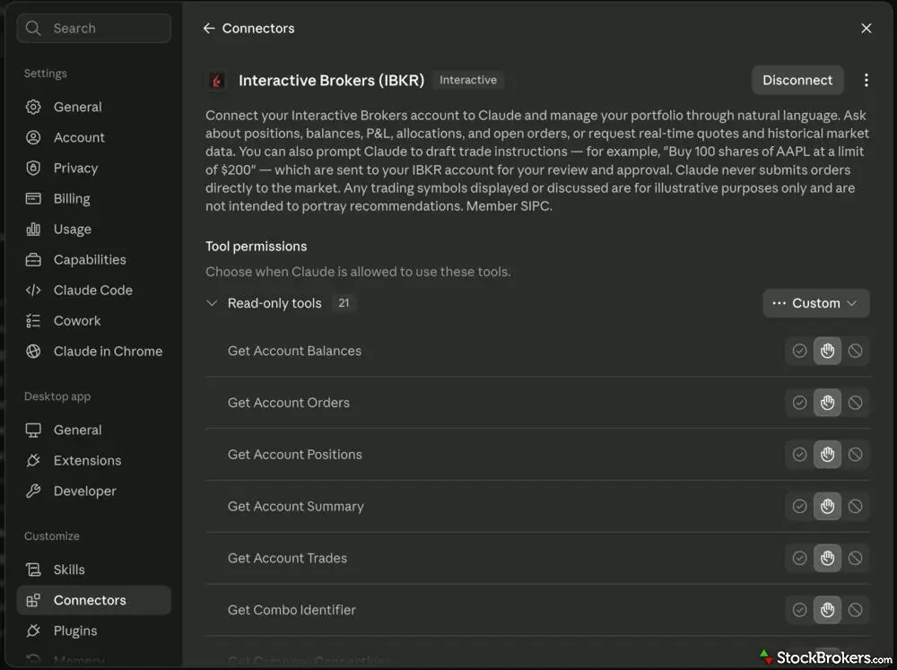 A screenshot of Claude Desktop showing its integration with Interactive Brokers. A screenshot of Claude Desktop showing its integration with Interactive Brokers.
