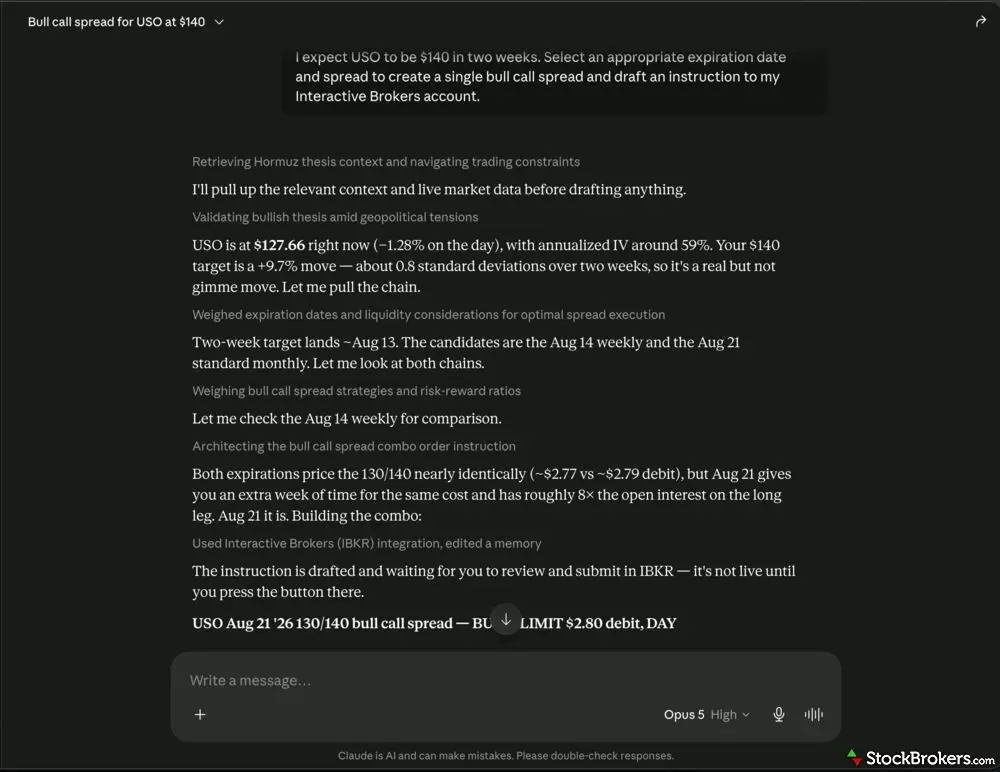 A screenshot of Claude Desktop creating a draft options trade. A screenshot of Claude Desktop creating a draft options trade.