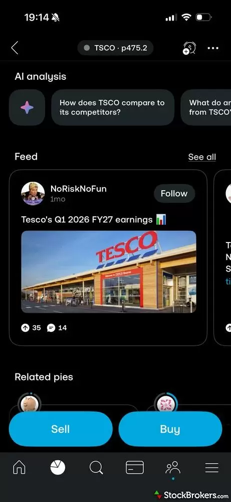A screenshot of the Trading 212 mobile platform showing share price information for Tesco. A screenshot of the Trading 212 mobile platform showing share price information for Tesco.