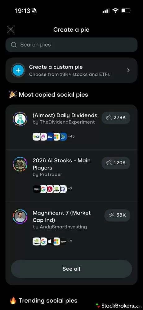 A screenshot of creating or selecting pies on the Trading 212 platform. A screenshot of creating or selecting pies on the Trading 212 platform.