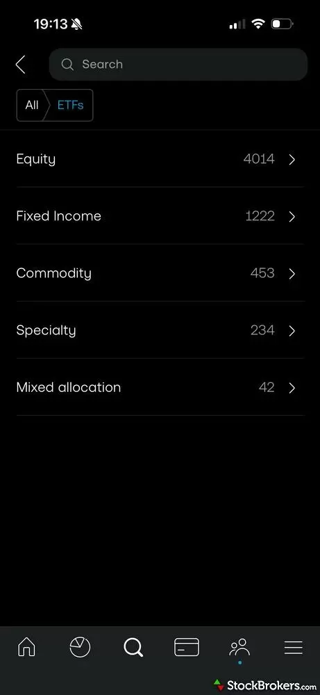Trading 212 app search screen filtered to ETFs, showing five asset-class categories with fund counts. Trading 212 app search screen filtered to ETFs, showing five asset-class categories with fund counts.