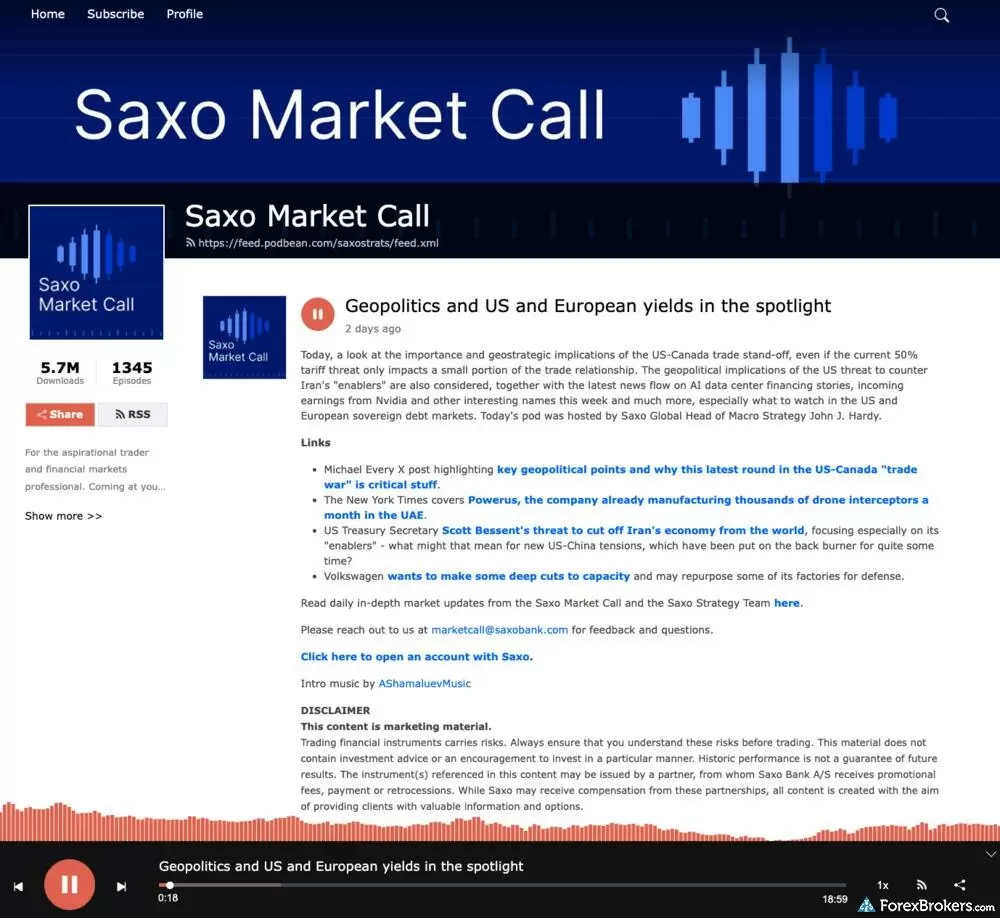 A screenshot of a typical Saxo Market Call podcast episode. A screenshot of a typical Saxo Market Call podcast episode.