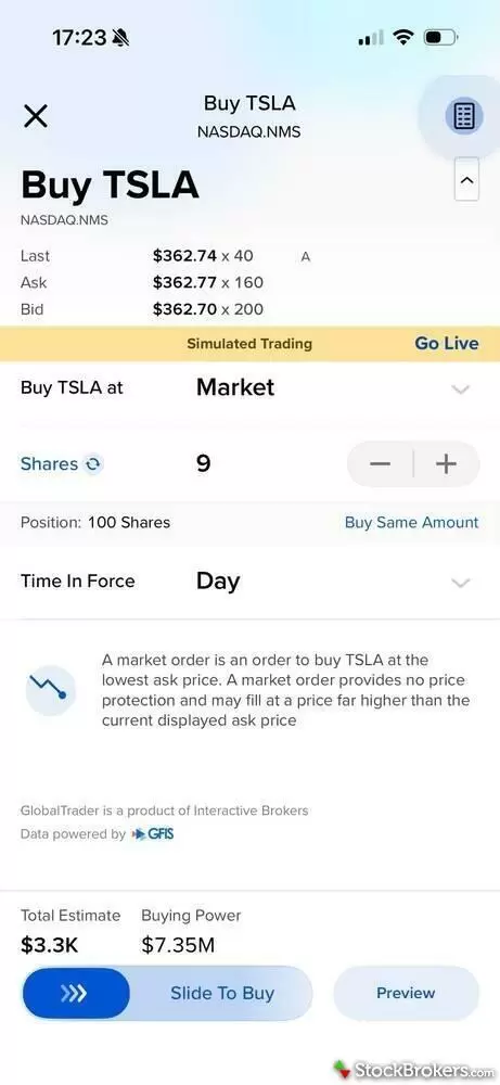 IBKR GlobalTrader order ticket for a market order on nine Tesla shares, with a note explaining market orders. IBKR GlobalTrader order ticket for a market order on nine Tesla shares, with a note explaining market orders.