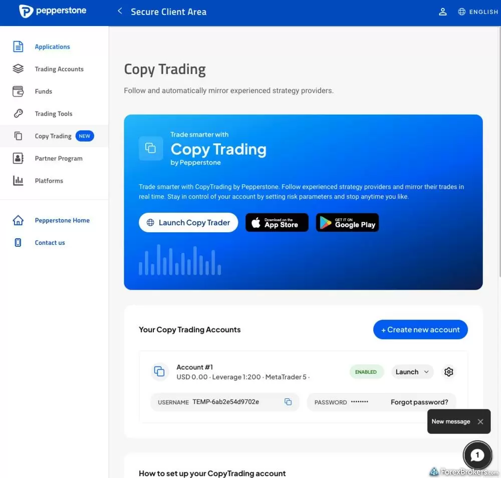 A screenshot of the Pepperstone Client Portal showing the Copy Trading Dashboard. A screenshot of the Pepperstone Client Portal showing the Copy Trading Dashboard.