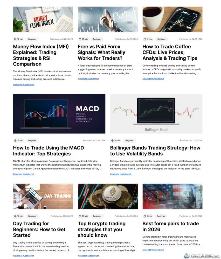 Education articles on FxPro (MFI, MACD, Bollinger Bands, day trading)
